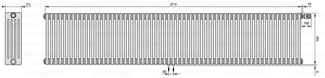 Схема (чертеж) Радиатор Zehnder Charleston 5090/59 №V008 Белый глянцевый RAL 9016
